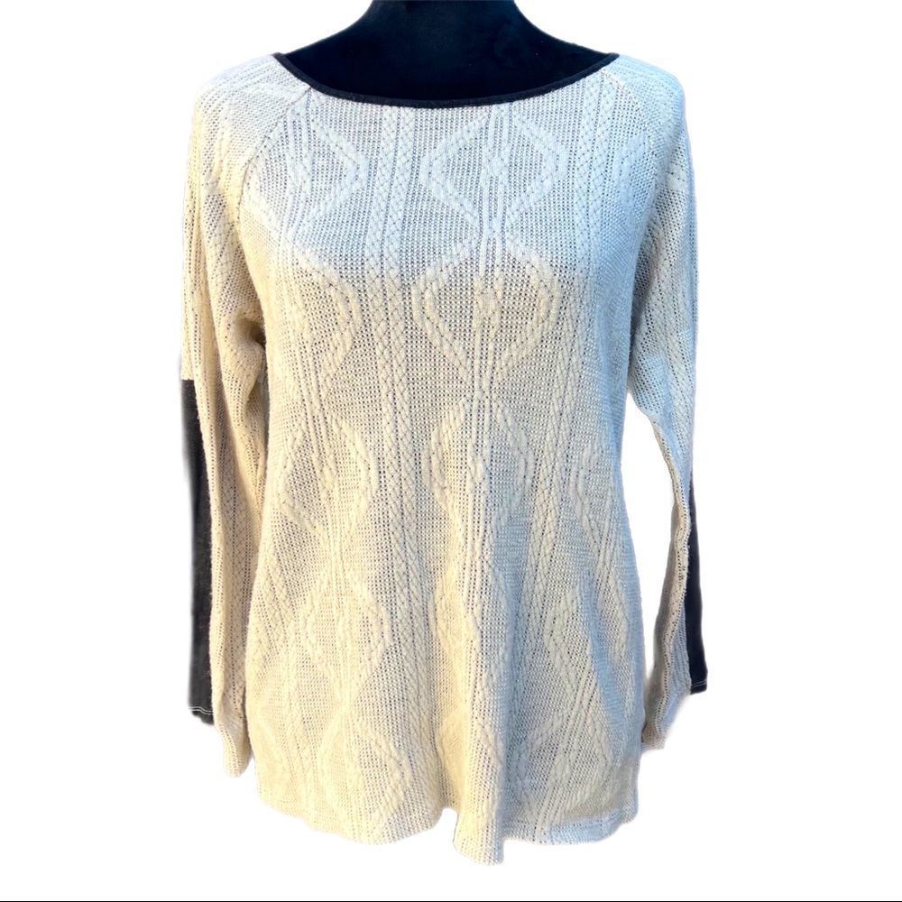 Monteau Sweater Black & Cream Faux Leather Top Size LARGE EUC Cable Knit